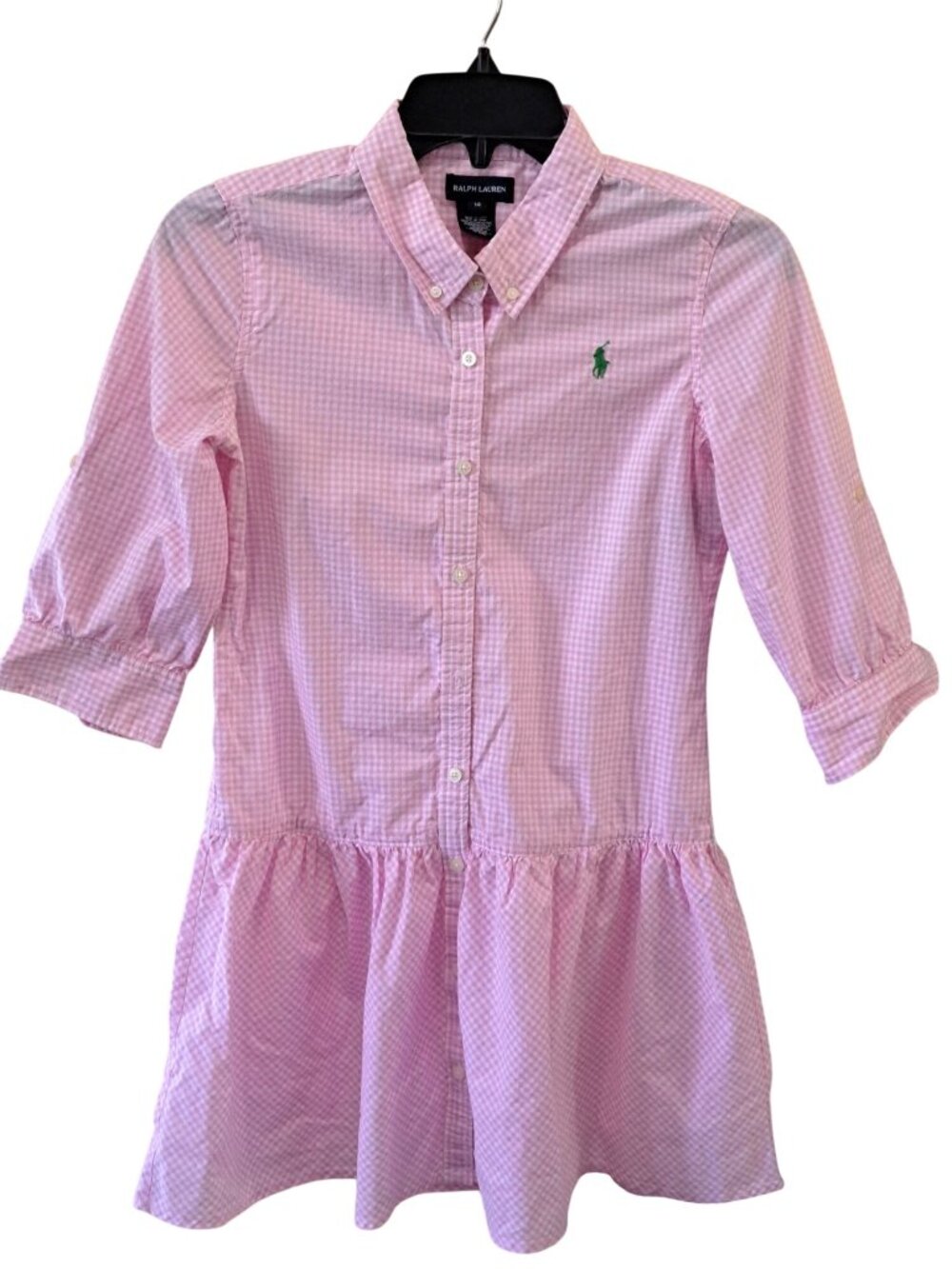 Ralph Lauren Girls Pink Gingham Button Dress  14 Cotton 3/4 Sleeves  Green Logo